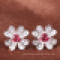 Moda para mujer 925 plata esterlina Pendientes en forma de flor incrustaciones de rubí sintético